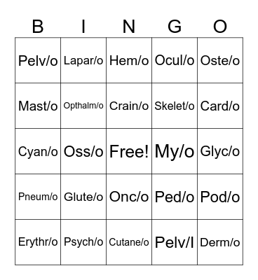 Medical Terminology Roots Bingo Card