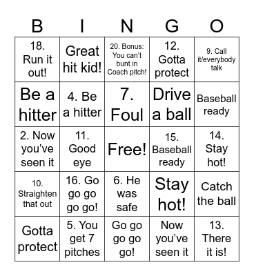 Baseball Parent Bingo Card