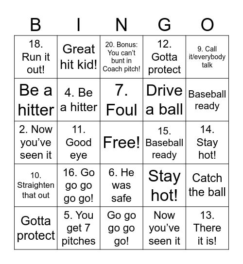 Baseball Parent Bingo Card