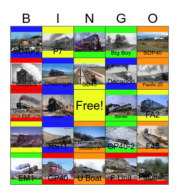 Allegheny Rails, Union Pacific Steam and Super Cabs and other WB Video Bingo Card