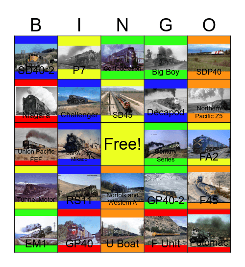 Allegheny Rails, Union Pacific Steam and Super Cabs and other WB Video Bingo Card