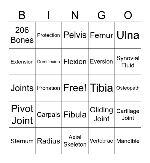 Skeletal System Review Bingo Card