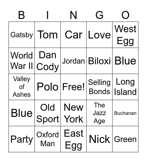 The Great Gatsby Bingo Card