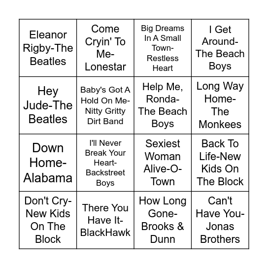 Boy Bands Bingo Card
