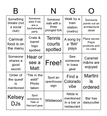 Kelsey Bingo Card