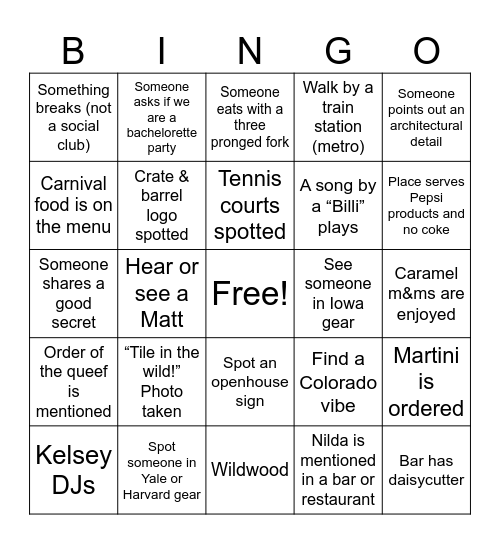 Kelsey Bingo Card