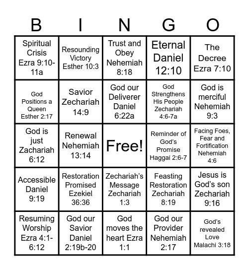 BSF Exile and Return Bingo Card