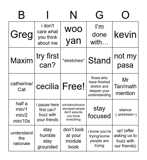 Teo David bingo Card