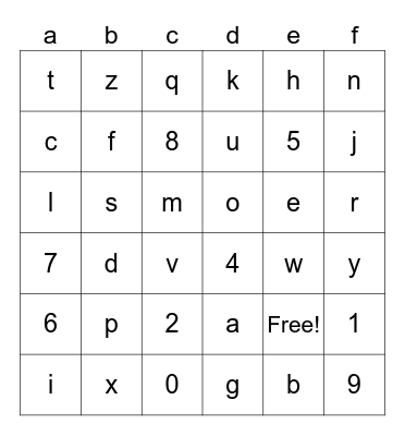 letters and numbers Bingo Card