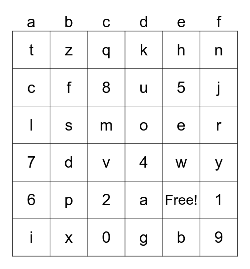 letters and numbers Bingo Card