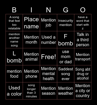 songs Bingo Card