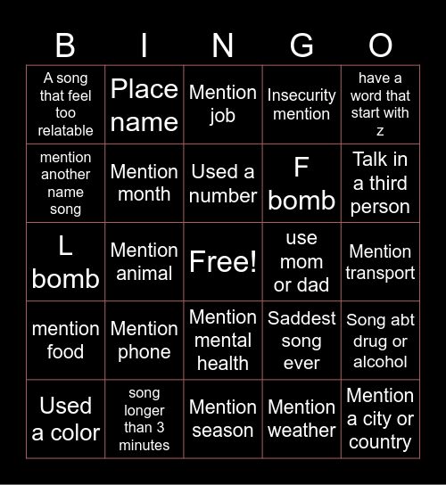 songs Bingo Card