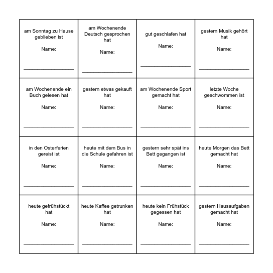 Perfekt Bingo Card