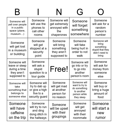 MHS Washington DC Trip Bingo Card