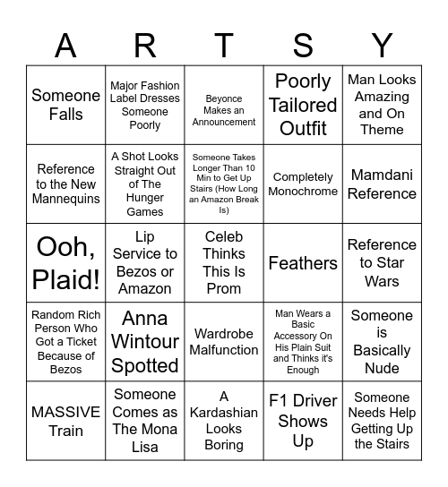 2026 Met Gala Bingo Card