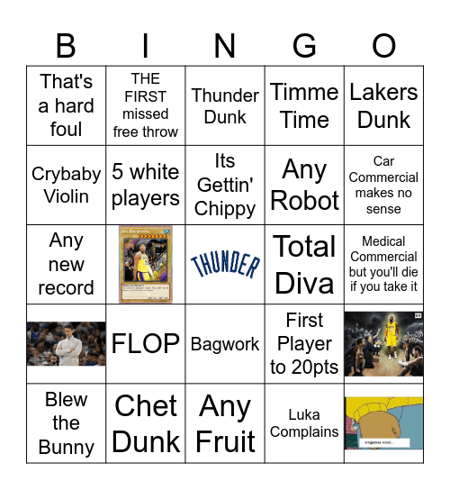 Thunder V Lakers Bingo Card