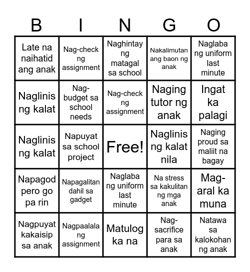PARENTING Bingo Card