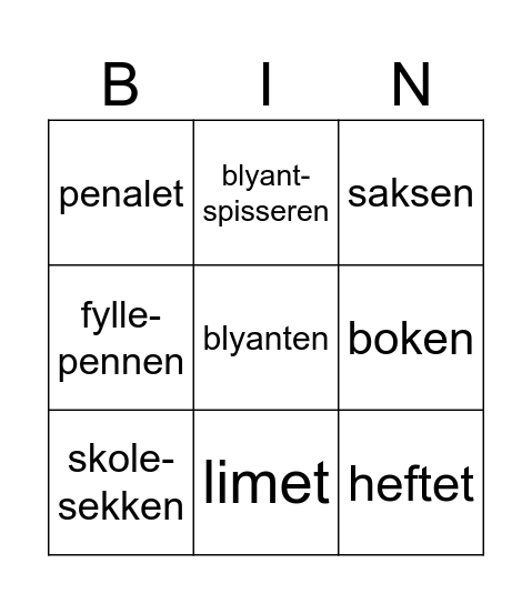 Bingo School objects Bingo Card