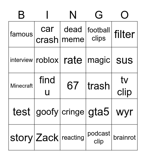 shorts bingo Card