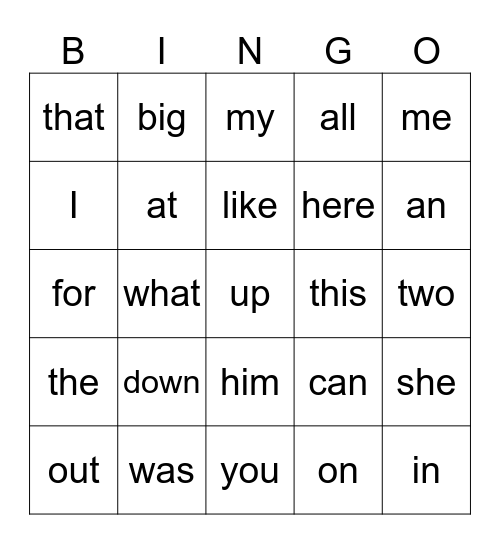 Sight Word Bingo Card