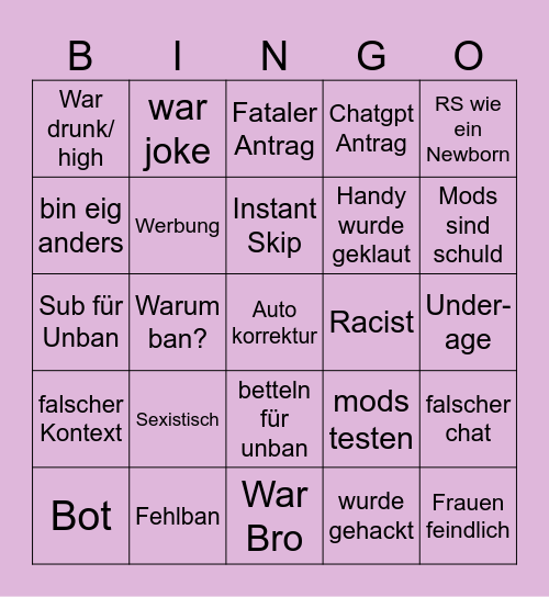 Unban Bingo Card