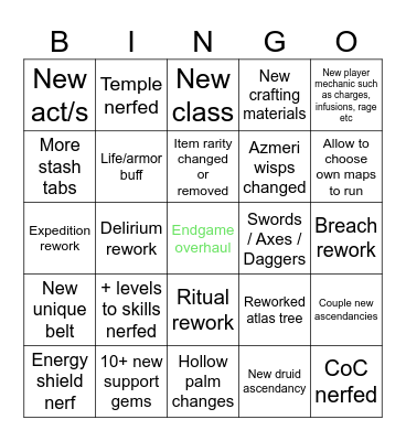 PoE2 0.5 Predictions Bingo Card