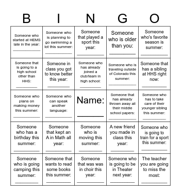 End of the Year BINGO Card