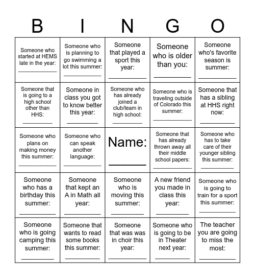 End of the Year BINGO Card