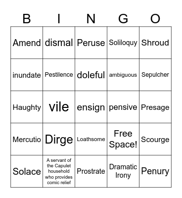 The Tragedy of Romeo and Juliet Bingo Card