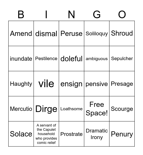 The Tragedy of Romeo and Juliet Bingo Card