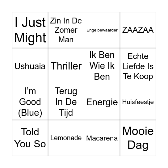 Muziek Bingo Card