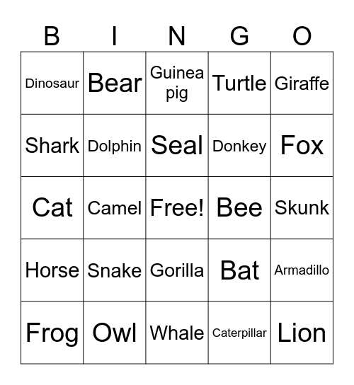 ASL Animals Bingo Card