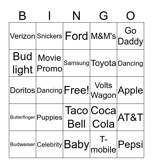 Commercial Bingo  Bingo Card