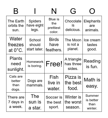 Fact and Opinion Bingo Card