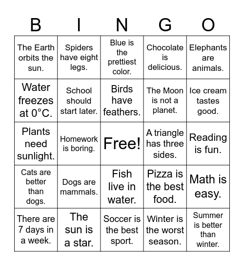 Fact and Opinion Bingo Card