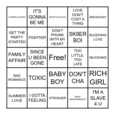 POP HITS FROM THE 2000s Bingo Card
