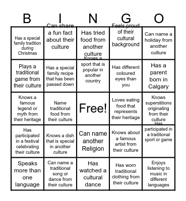 Cultural Bingo Card