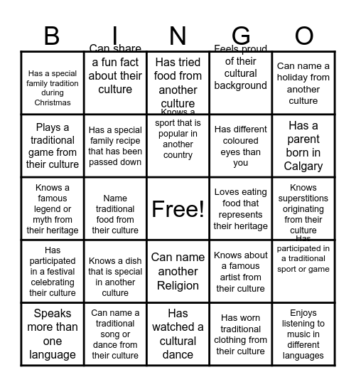 Cultural Bingo Card