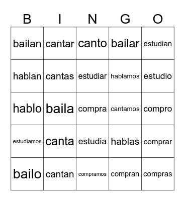 Present Tense -ar verbs Bingo Card