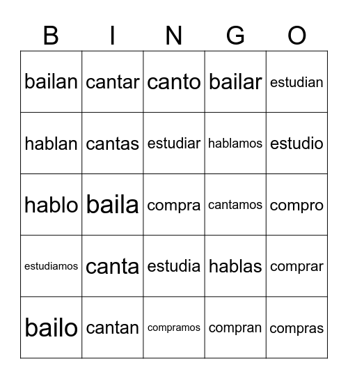 Present Tense -ar verbs Bingo Card