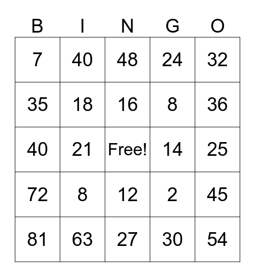 Multiplication Bingo Card
