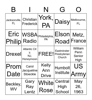 Carol J and Gary Ray Bingo Card