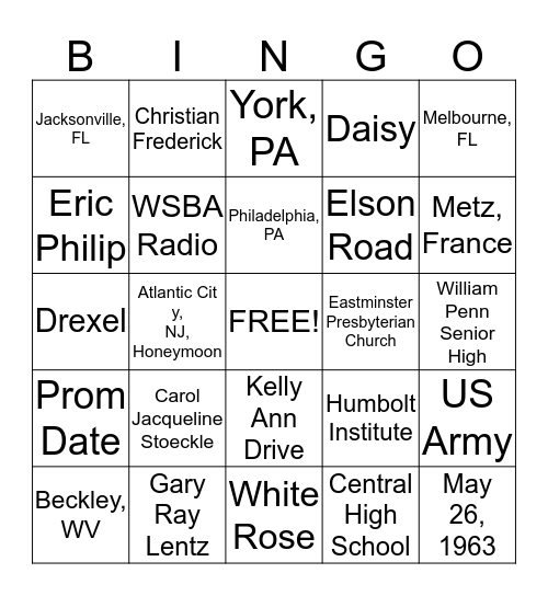 Carol J and Gary Ray Bingo Card
