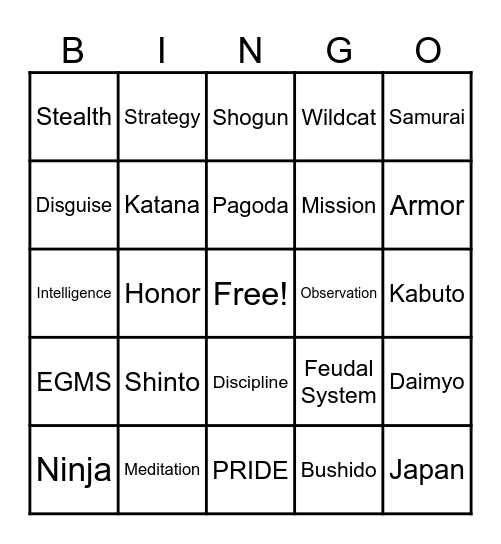 Feudal Japan Vocabulary! Bingo Card