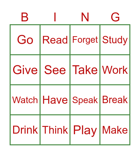 Irregular verbs Bingo Card