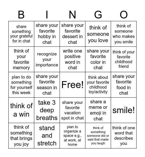 Wellness Bingo Card