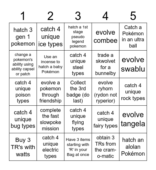 Sword and Shield Lockout Bingo Card