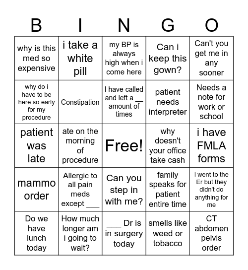 Healthcare Bingo Card