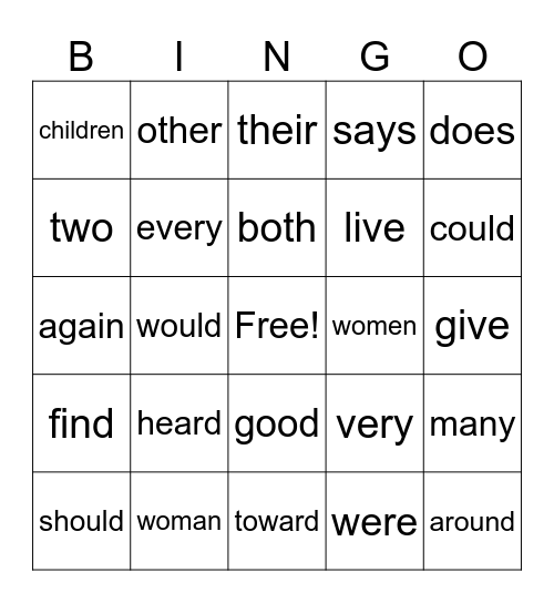 Sight Words Bingo Card