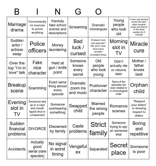 Indian serial bingo Card